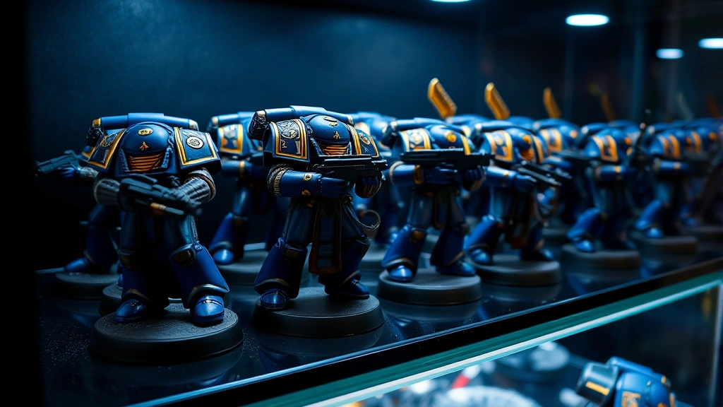 Carefully painted Warhammer 40K Space Marine miniatures in blue and gold armor displayed on black display case with LED backlighting