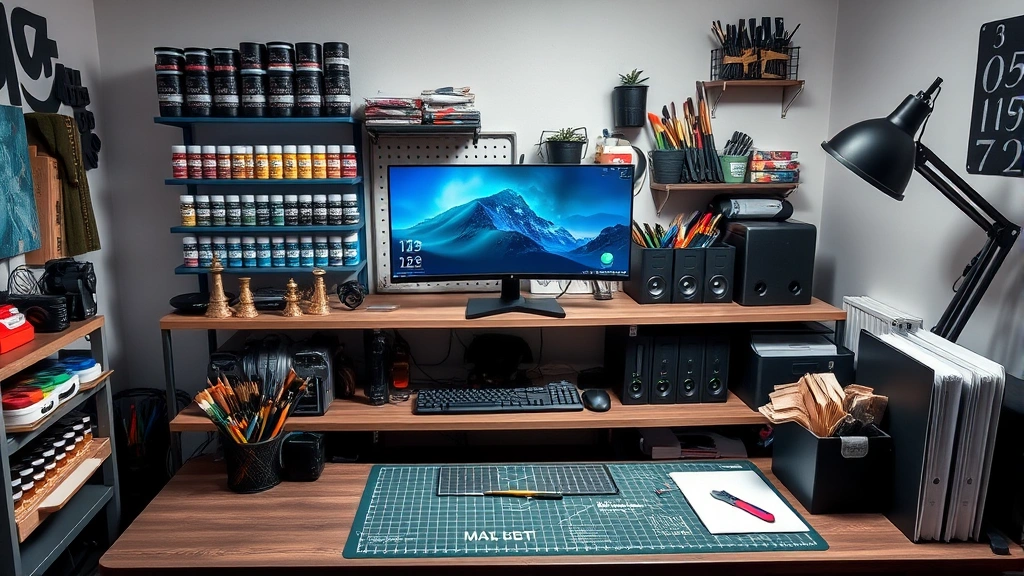 Complete hobby workspace setup with organized paint racks, brush holders, cutting mat, hobby knife, files, and desk lamp showing professional gaming setup