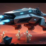 Photorealistic Warhammer 40K Eldar Fire Prism grav-tank in sleek white and blue armor hovering over alien terrain with crystalline rock formations and bioluminescent flora, dramatic lighting highlighting the Prism Cannon weapon system, no UI elements or text visible