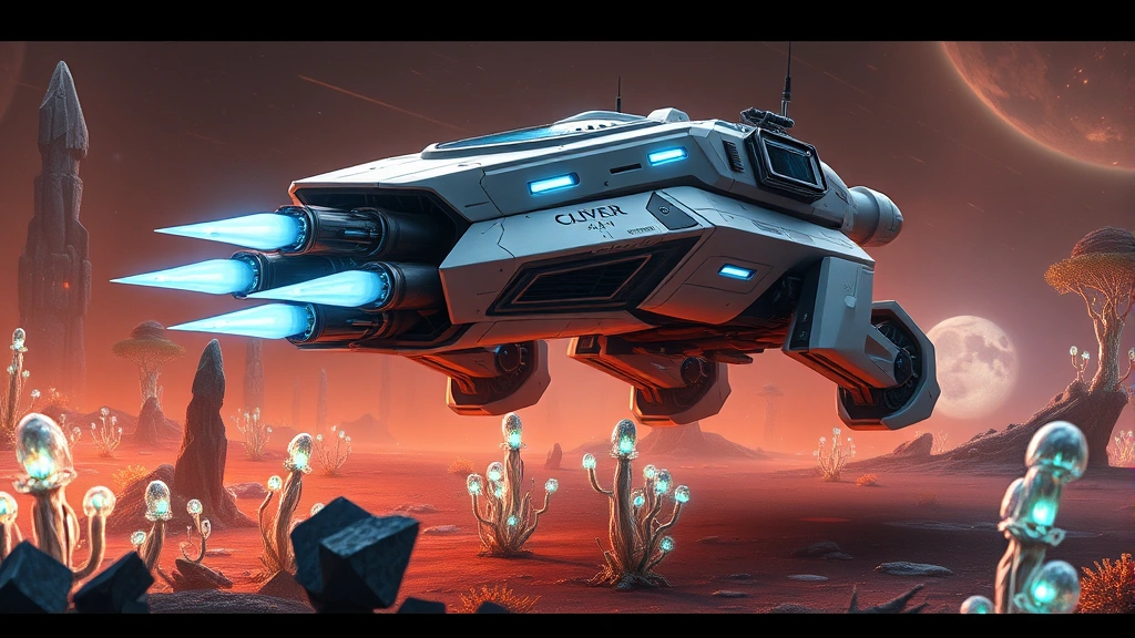 Photorealistic Warhammer 40K Eldar Fire Prism grav-tank in sleek white and blue armor hovering over alien terrain with crystalline rock formations and bioluminescent flora, dramatic lighting highlighting the Prism Cannon weapon system, no UI elements or text visible