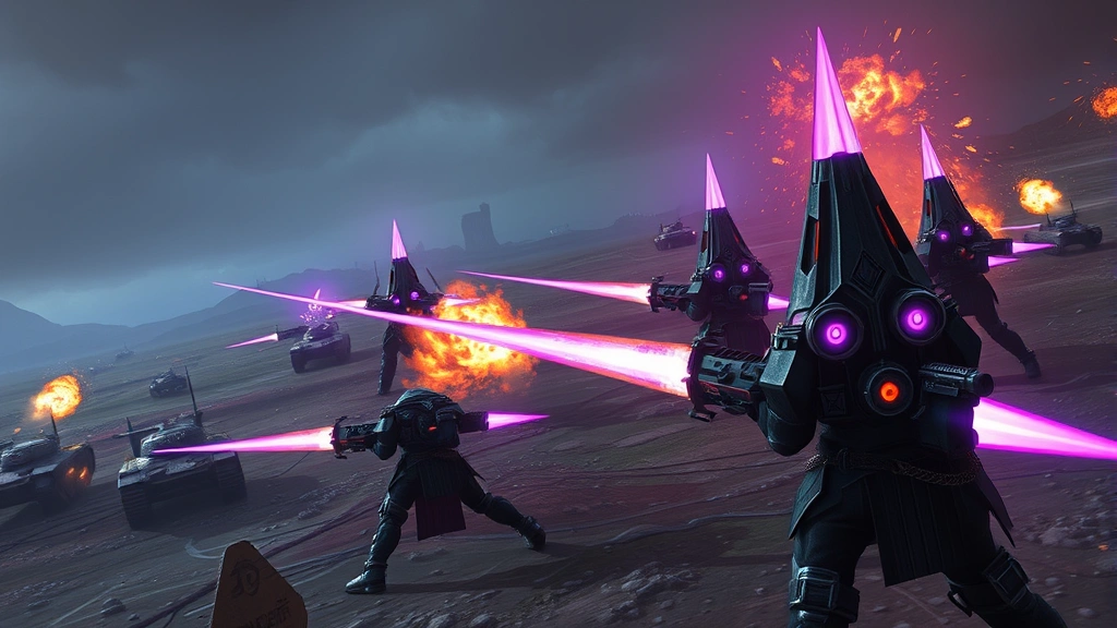 Dynamic action scene of multiple Eldar Fire Prisms positioned across a futuristic battlefield with purple energy beams firing at distant enemy tanks, explosions and tactical markers shown naturally through environmental effects, photorealistic 40K aesthetic without any game interface elements