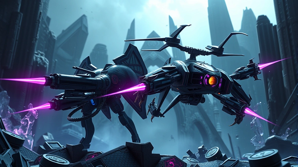 Close-up tactical view of Eldar Fire Prism and Night Spinner variants positioned together behind alien ruins and crystalline terrain features, showing different weapon configurations and hover technology details, dramatic cinematic lighting with purple and blue energy effects throughout the scene
