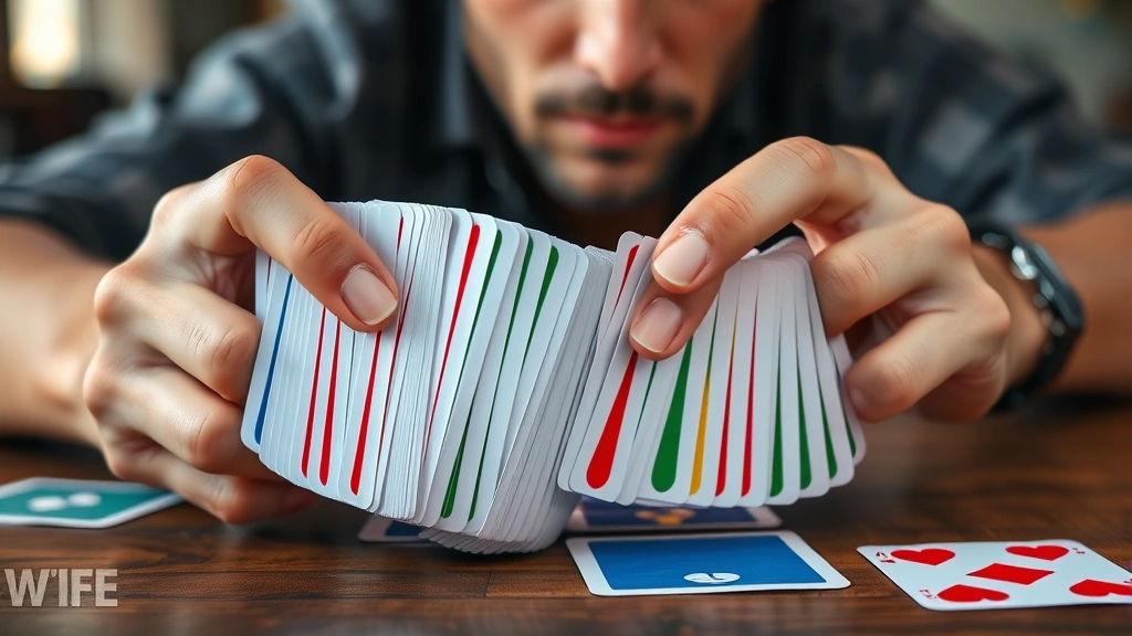 Close-up of hands holding playing cards fanned out, colorful standard deck cards visible, bright natural lighting, focused concentration on player's face, card game in progress on wooden table
