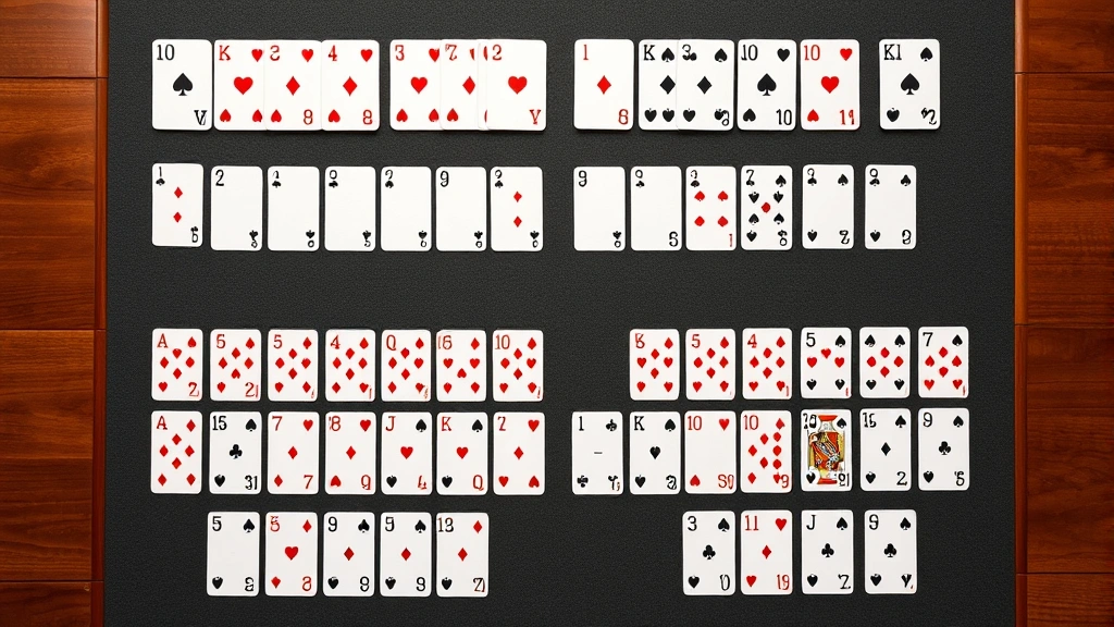 Overhead view of two complete sets of cards arranged in numerical order from Ace to Ten on a felt game table, organized rows of cards, professional card game setup with clear positioning