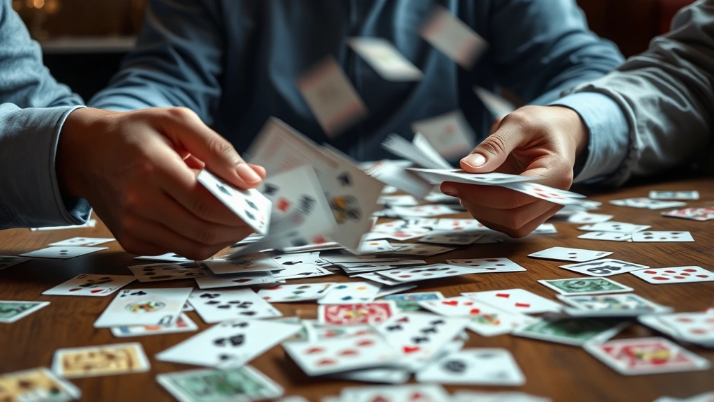 Dynamic action shot of cards being drawn from a deck with motion blur, hands reaching for cards, scattered cards on table showing mid-game state, exciting moment captured, natural indoor lighting on gaming surface