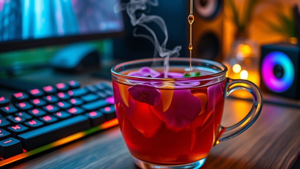 Close-up of steaming cup of vibrant purple butterfly pea flower tea with golden honey drizzle, sitting beside gaming keyboard with RGB lighting, cozy gaming room atmosphere with warm ambient lighting