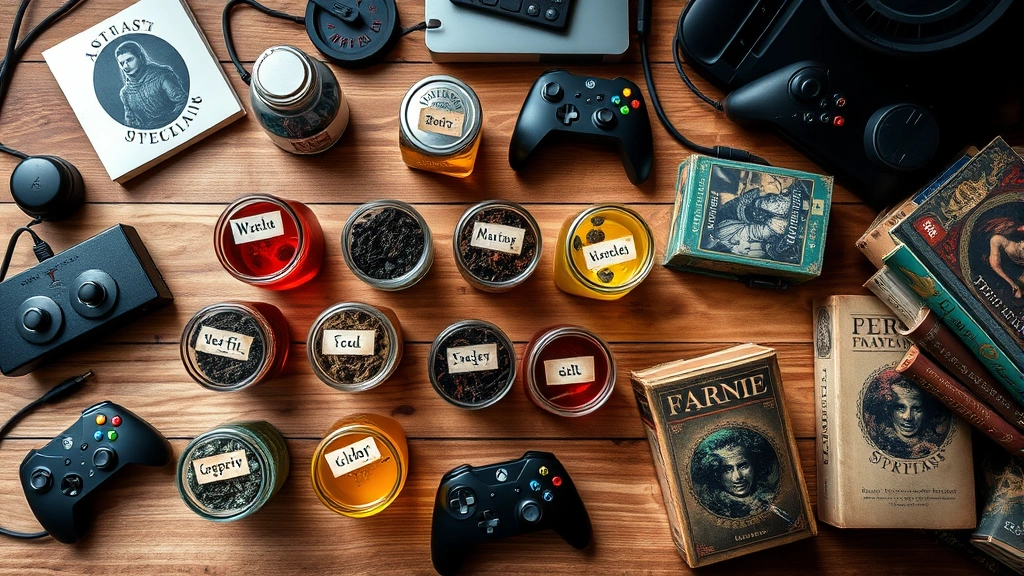 Overhead flat lay of colorful tea collection in glass jars with fantasy-themed labels, gaming peripherals, and vintage fantasy books arranged on wooden desk surface