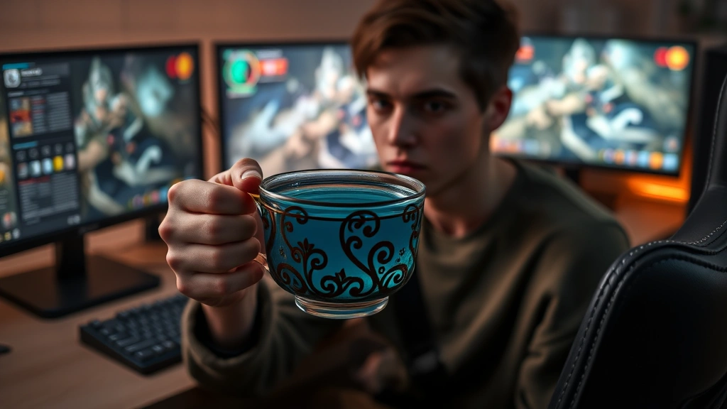 Gamer holding decorative teacup with mystical blue oolong tea, sitting at gaming desk with multiple monitors displaying RPG game, late evening gaming session lighting, peaceful concentrated expression