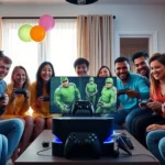 Group of diverse friends and family gathered around a large gaming console setup in a brightly lit living room, holding controllers with excited expressions, colorful balloons and gaming-themed decorations visible, celebrating together