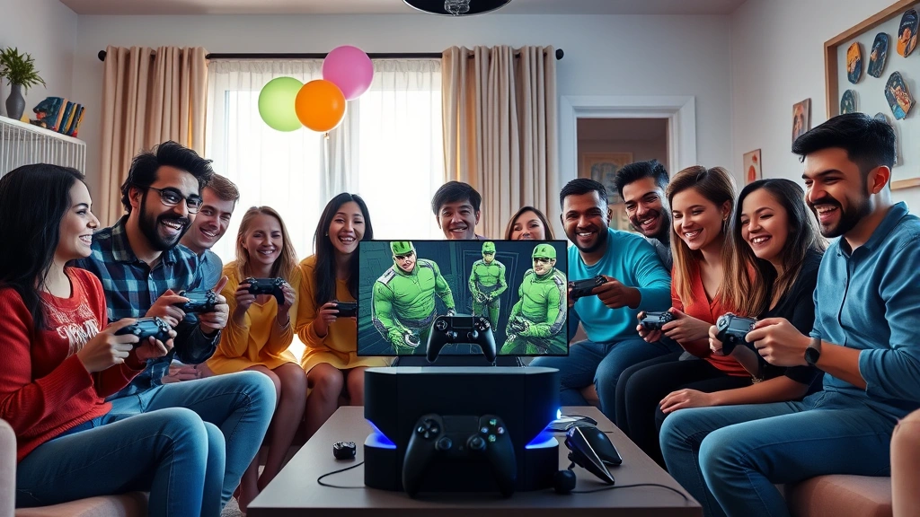Group of diverse friends and family gathered around a large gaming console setup in a brightly lit living room, holding controllers with excited expressions, colorful balloons and gaming-themed decorations visible, celebrating together