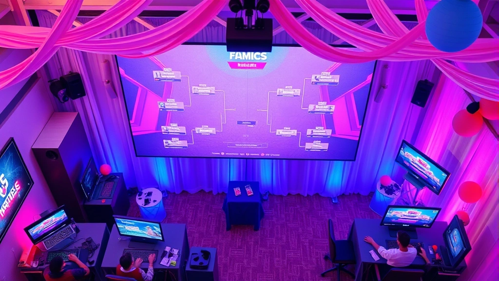 Overhead view of a gaming tournament bracket displayed on a large screen at a celebration venue, with players at different gaming stations, pink and blue decorative elements integrated into the gaming setup, casual party atmosphere