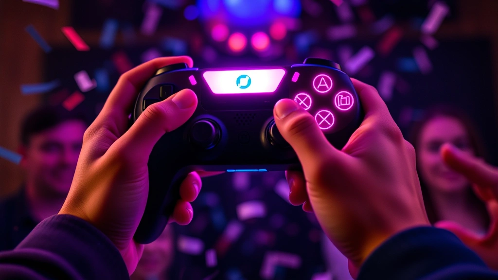 Close-up of custom gaming controller with LED lights glowing in pink and blue colors, hands reaching toward it during a celebration, confetti falling, festive party setting in soft focus background