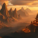 Expansive fantasy realm with towering mountains and glowing magical structures, golden hour lighting, no UI elements, cinematic camera angle showing vast landscape
