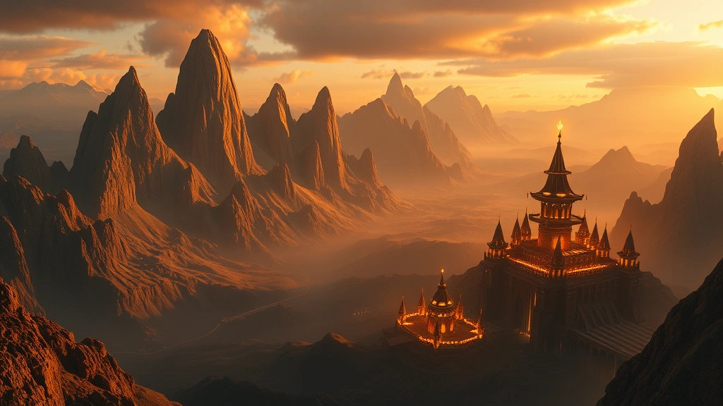 Expansive fantasy realm with towering mountains and glowing magical structures, golden hour lighting, no UI elements, cinematic camera angle showing vast landscape