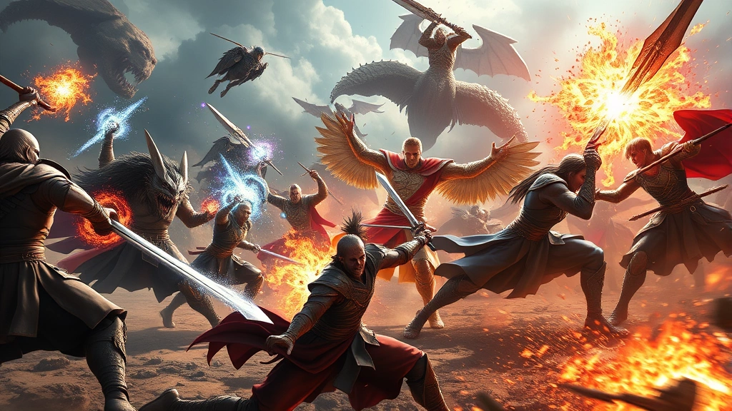 Epic battle scene with diverse characters in dynamic combat poses, spectacular magical effects and particle systems, dramatic lighting and shadows, photorealistic art style