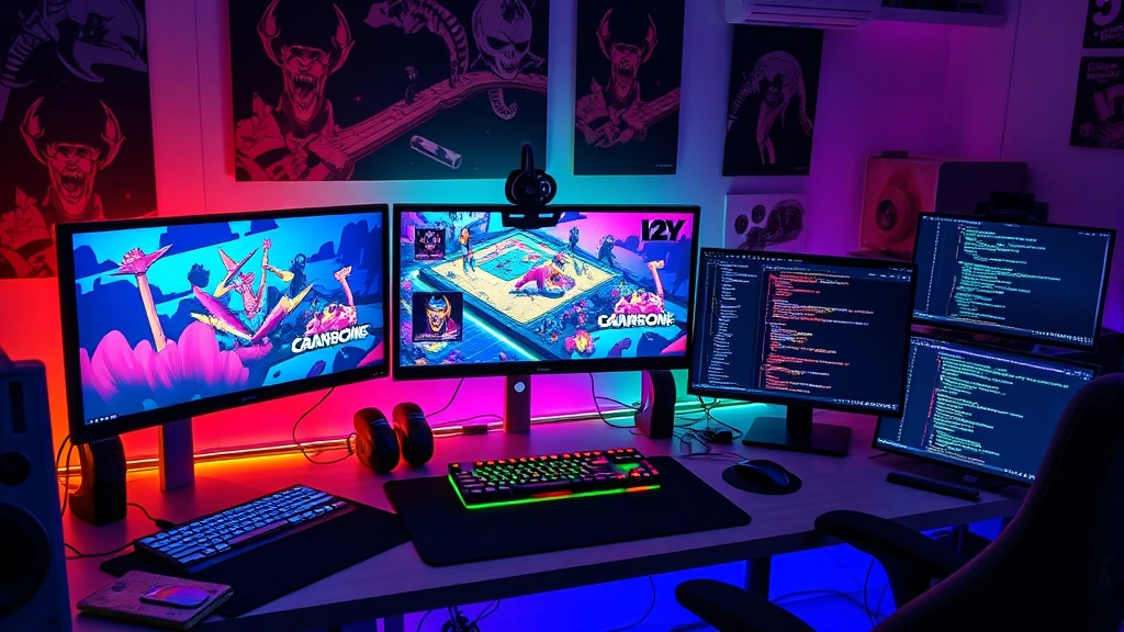 A vibrant gaming setup with multiple monitors displaying colorful indie games, neon-lit gaming peripherals, and code visible on secondary screens in a modern workspace