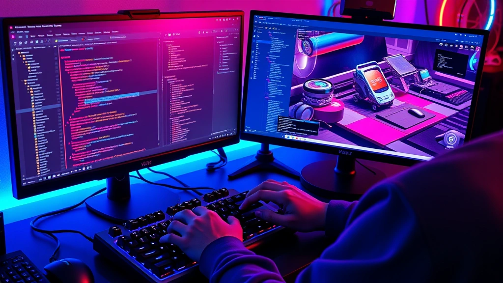 Software developer typing code on mechanical keyboard with dual monitors showing game development IDE and 3D game graphics engine, neon RGB lighting, modern tech workspace setup