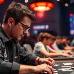 Professional player concentrating intensely during high-stakes card game tournament match, dramatic lighting highlighting cards and competitive atmosphere, esports arena setting with audience blurred in background