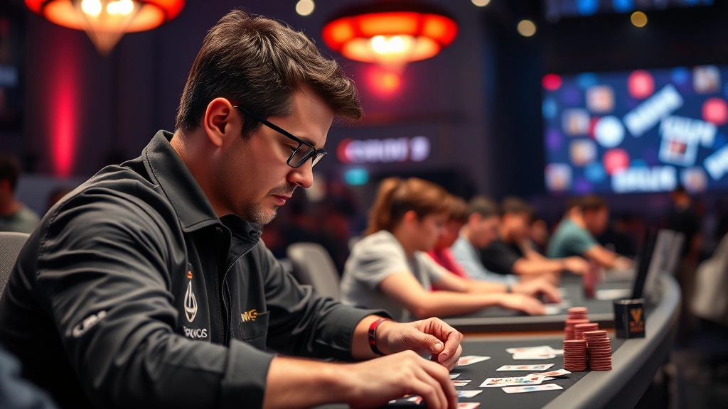Professional player concentrating intensely during high-stakes card game tournament match, dramatic lighting highlighting cards and competitive atmosphere, esports arena setting with audience blurred in background