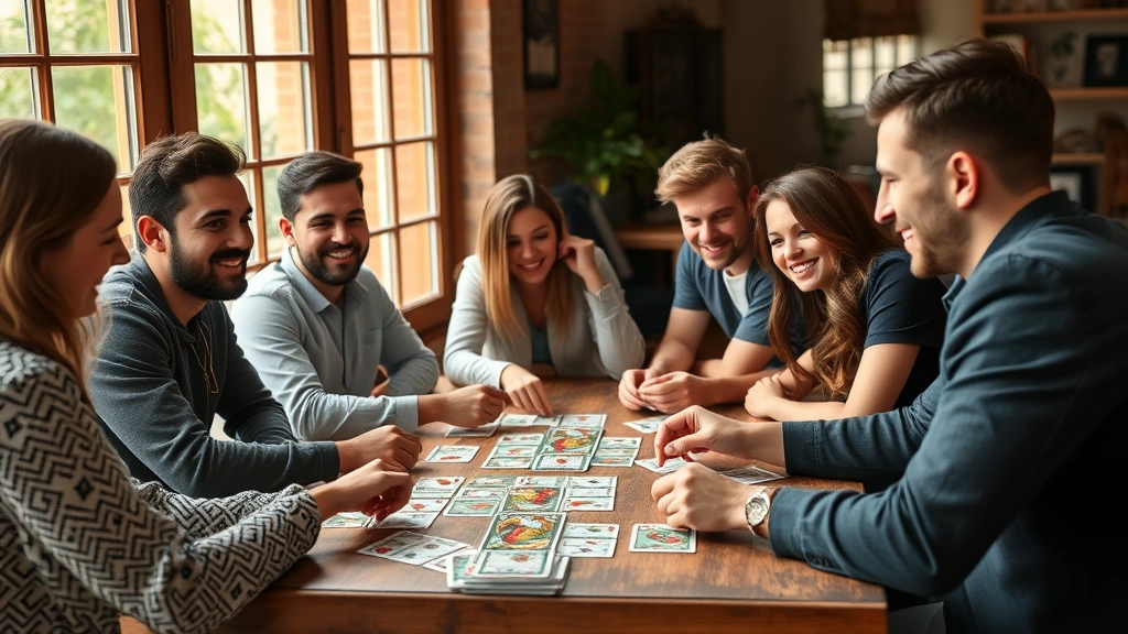 Group of diverse gamers sitting around table playing card game together in casual gaming lounge, natural lighting through windows, genuine engagement and friendly competition visible in expressions