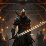 A fantasy warrior with glowing sword standing in a medieval tavern filled with adventurers and candlelight, dramatic lighting, photorealistic, no text or UI elements