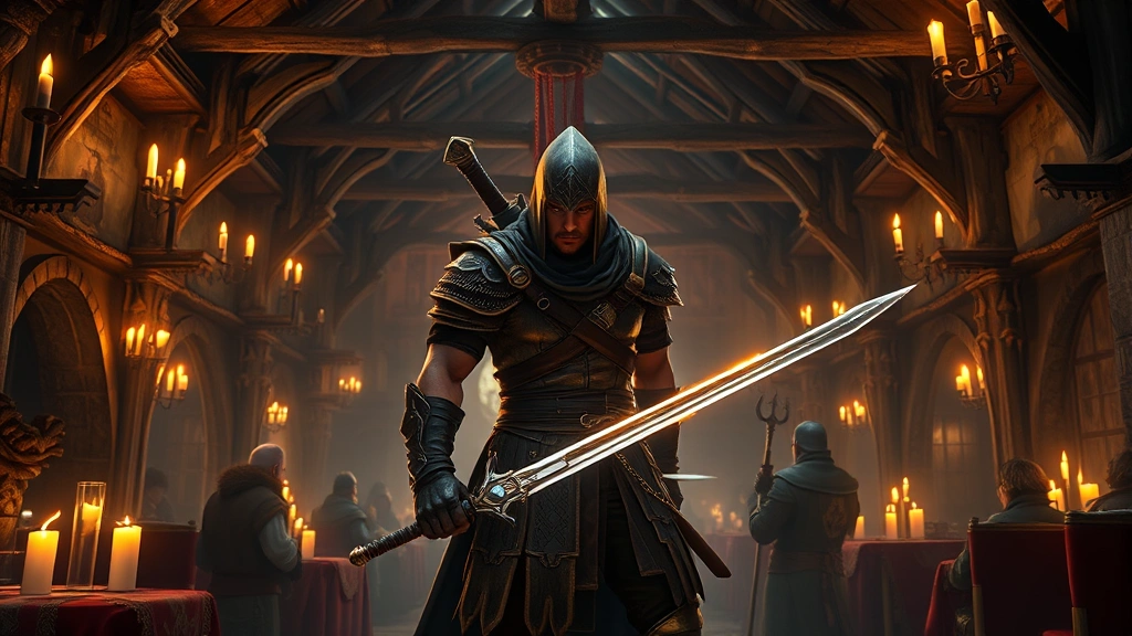 A fantasy warrior with glowing sword standing in a medieval tavern filled with adventurers and candlelight, dramatic lighting, photorealistic, no text or UI elements