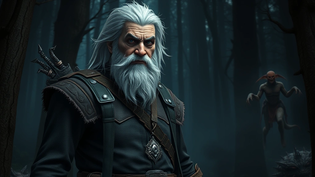 A grizzled monster hunter with white hair and medallion standing in a dark forest with supernatural creatures lurking in shadows, atmospheric, photorealistic, no HUD elements