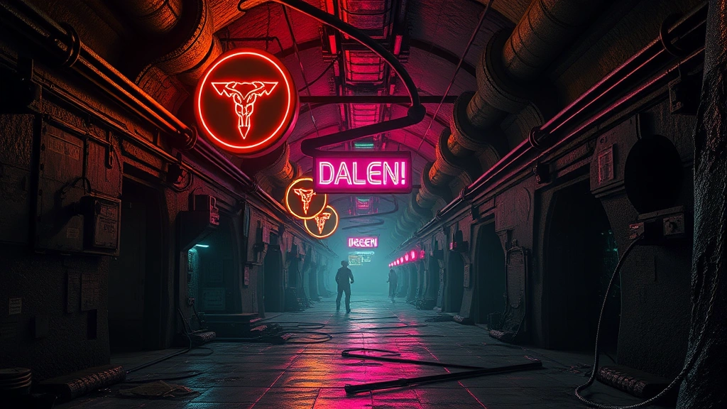 An underground vault corridor with retro-futuristic architecture, neon signs, and mutant creatures visible in darkness, post-apocalyptic aesthetic, no game interface visible