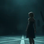 Photorealistic scene of a female character standing at a crossroads in a moody, atmospheric environment with dramatic lighting and shadowy surroundings, contemplative expression showing moral dilemma, no UI elements or text