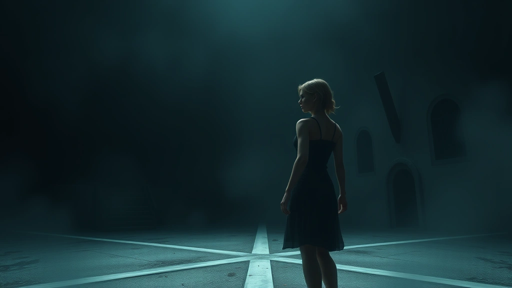 Photorealistic scene of a female character standing at a crossroads in a moody, atmospheric environment with dramatic lighting and shadowy surroundings, contemplative expression showing moral dilemma, no UI elements or text