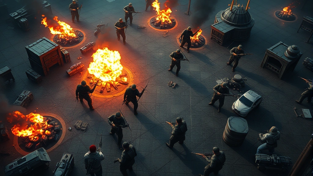 Photorealistic tactical battle scene showing characters positioned on a grid-based battlefield with environmental hazards like fire and obstacles, dramatic combat lighting, no game menus or HUD elements visible