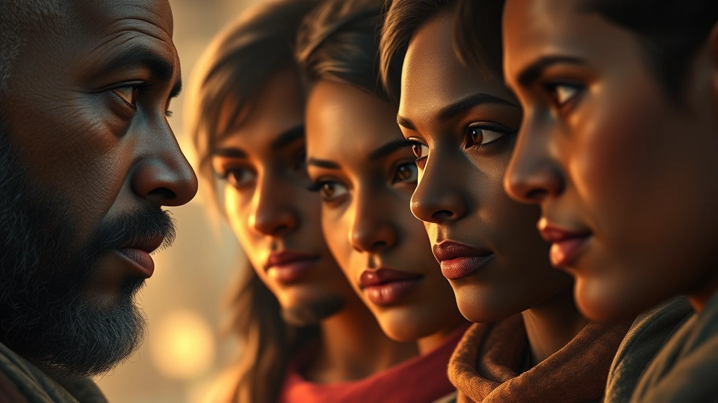 Photorealistic close-up portrait of multiple diverse characters in a narrative scene, showing emotional expressions and character depth, warm intimate lighting, no dialogue boxes or game text overlays