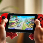 Close-up of hands holding Nintendo Switch with vibrant game displayed on screen, bright natural lighting, detailed controller buttons visible, photorealistic gaming moment