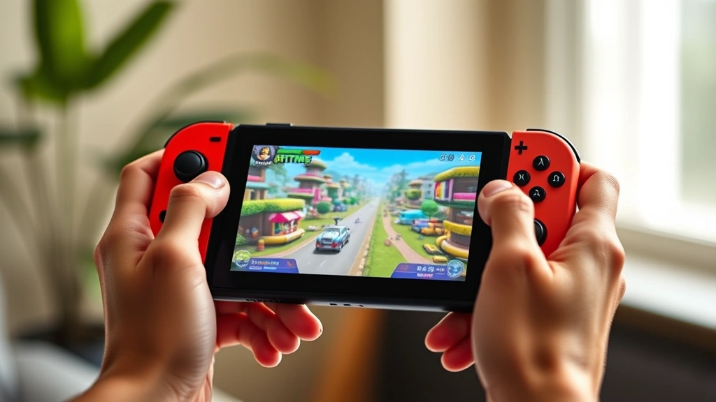 Close-up of hands holding Nintendo Switch with vibrant game displayed on screen, bright natural lighting, detailed controller buttons visible, photorealistic gaming moment