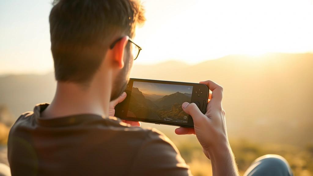 Person playing handheld game outdoors in natural sunlight, relaxed posture, beautiful scenery background, golden hour lighting, authentic gaming lifestyle shot