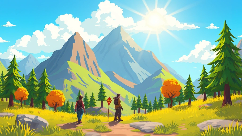 A vibrant indie game character standing in a colorful pixel-art landscape with mountains and trees, sunlight streaming through clouds, adventurous and whimsical atmosphere, no UI elements visible