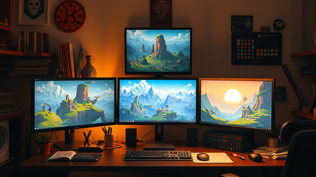 A developer's workspace showing multiple monitors displaying beautiful indie game worlds in progress, creative tools scattered around, warm lighting from desk lamp, inspiring game development environment