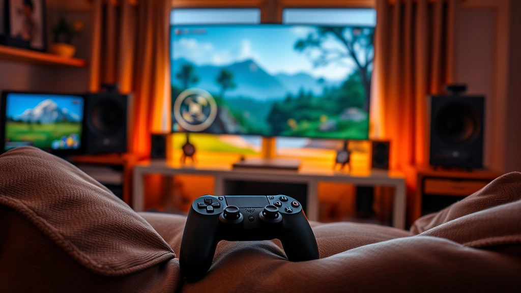 A cozy gaming setup with a controller resting on a comfortable chair, soft ambient lighting, game world visible on screen showing peaceful natural scenery, relaxing gaming atmosphere