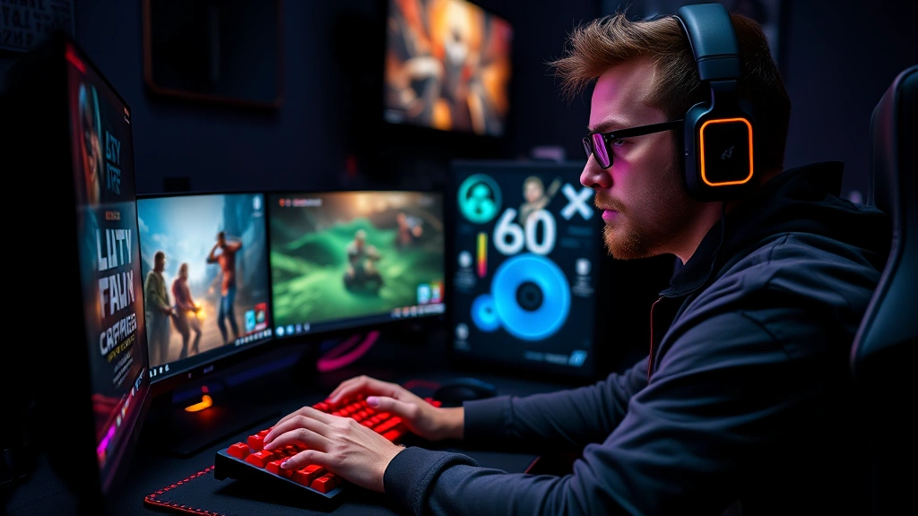 Professional gamer at gaming PC setup with high-end graphics card and mechanical keyboard, multiple monitors showing vibrant game environments, RGB lighting in dark room, intense focused expression