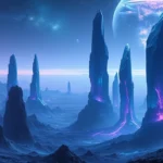 A dramatic sci-fi landscape with towering crystalline structures glowing with ethereal blue and purple light, alien planet vista, photorealistic rendering, vast horizon with nebula in sky, cinematic composition, no UI elements
