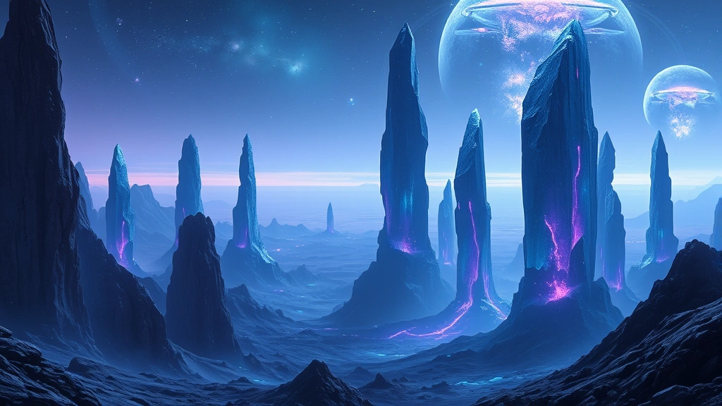 A dramatic sci-fi landscape with towering crystalline structures glowing with ethereal blue and purple light, alien planet vista, photorealistic rendering, vast horizon with nebula in sky, cinematic composition, no UI elements