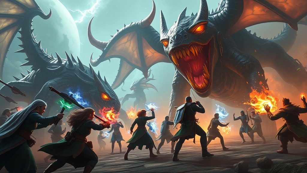 A group of diverse players collaborating in an epic battle scene against massive otherworldly creatures, dynamic action poses, glowing magical effects and particle systems, team coordination visible through positioning, photorealistic graphics, no menu or interface elements