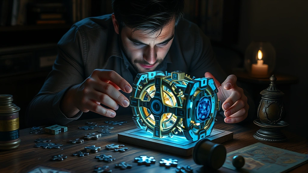 Photorealistic image of a player intensely focused on solving a complex 3D puzzle mechanism glowing with blue light, surrounded by scattered puzzle pieces and mysterious artifacts on a dark wooden desk with dramatic lighting