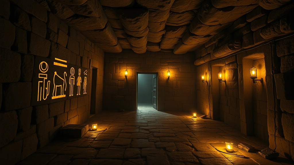 Cinematic view of an atmospheric underground chamber with ancient stone walls, glowing hieroglyphic markings, hidden doorways, and scattered clues illuminated by torchlight, creating an immersive escape room atmosphere