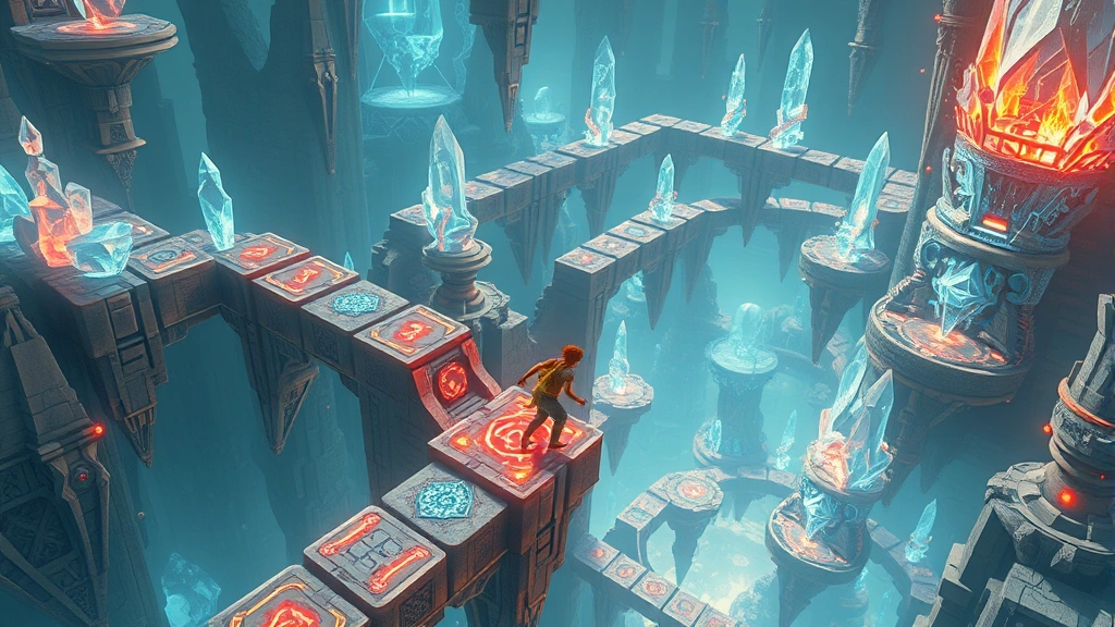 Dynamic action scene showing a player character navigating through a surreal digital landscape with interconnected puzzle structures, floating platforms, and crystalline formations creating a sense of mysterious discovery and exploration