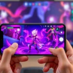 iPhone displaying vibrant Genshin Impact gameplay with anime character in magical purple environment, held in hands against blurred gaming setup background