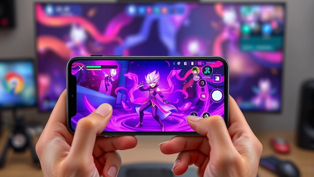 iPhone displaying vibrant Genshin Impact gameplay with anime character in magical purple environment, held in hands against blurred gaming setup background