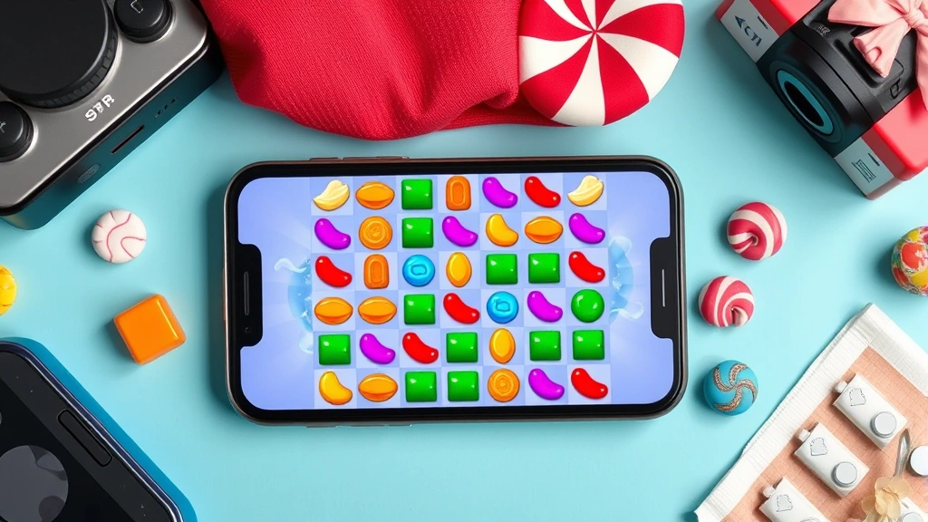 Top-down view of colorful puzzle game tiles and match-three candies on bright iPhone screen with gaming accessories around device