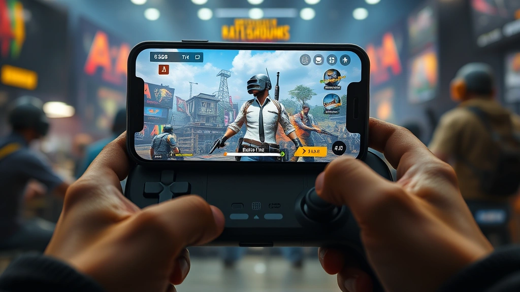 Multiplayer gaming scene showing PUBG Mobile battle royale map on iPhone screen with controller nearby and competitive esports atmosphere
