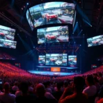 Professional esports arena with massive screens displaying Grand Theft Auto gameplay, thousands of passionate gaming fans cheering in stadium seating, dramatic lighting highlighting the excitement and energy of competitive gaming culture